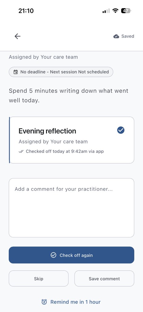 ClientBridge evening reflection task with check off and comment options