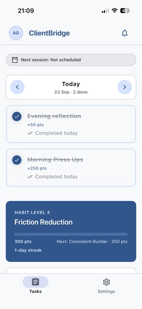 ClientBridge client home screen with daily tasks and habit level